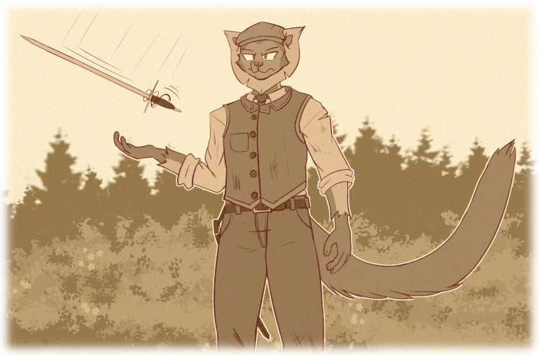 Calypso stands defiant, waiting for the falling rapier to land in his hand.