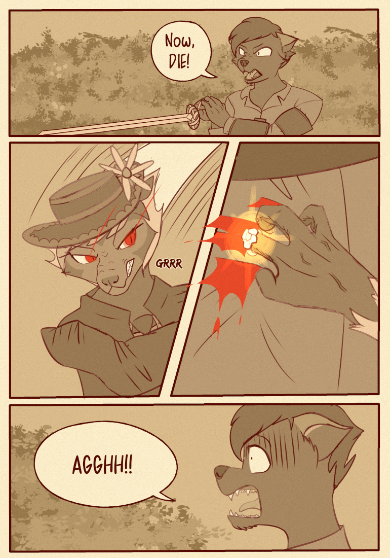 Manga page: Orie charges at Asha, but she deftly avoids him and attacks his flank, casuing him to cry out in pain.