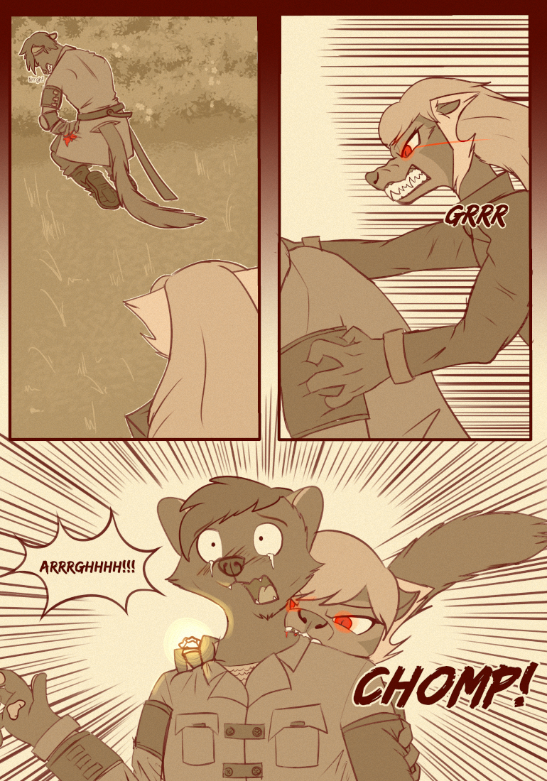 Manga page: With his attack put off, Asha takes advantage of the opening and rushes Orie, biting into his neck.