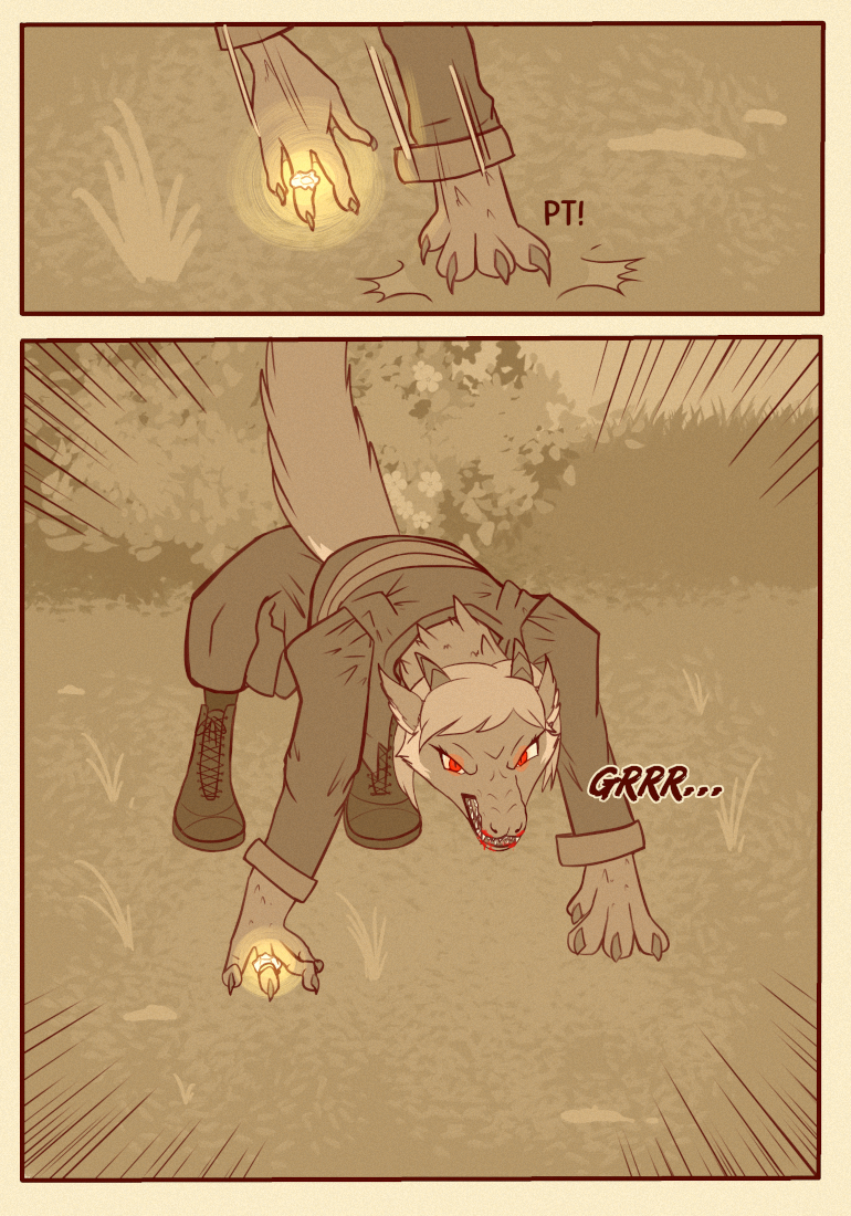 Manga page: Asha returns to the groud on all fours.