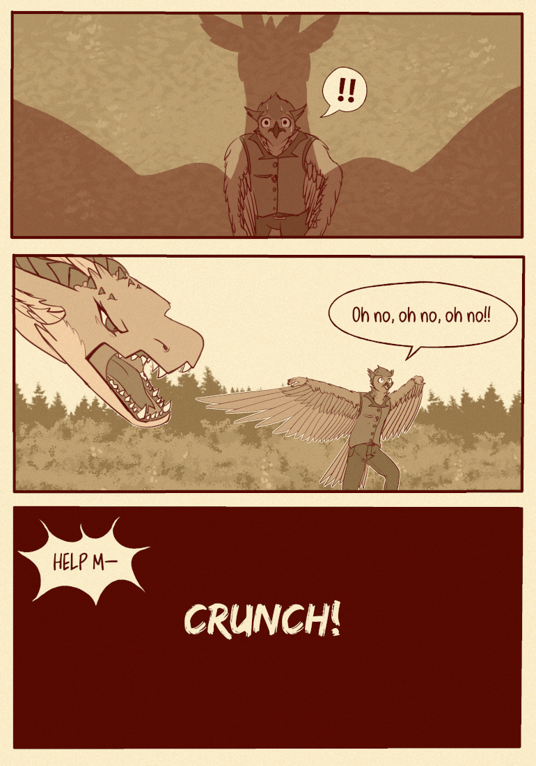 Manga page: Asha now towers over The Owl in size. Realizing he's in mortal danger he tries to escape. He fails.