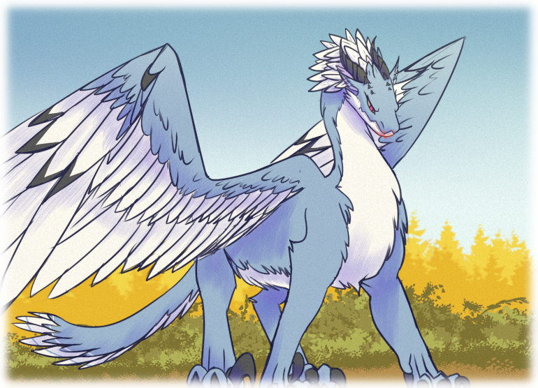 Asha, now resmbling a Dragon clad in feathers, stands over her prey with a determined expression.