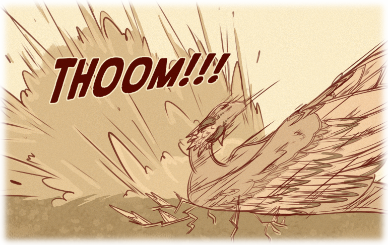 Asha craters into the moon, ejecting a rain of dirt and debris.