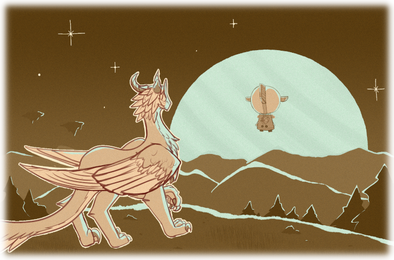 Asha gazes off as the planet Juno, massive in scale, rises on the horizon, outlining the Blue Daemon airship.