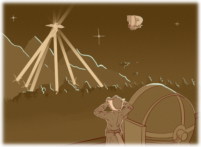 Floating high above Rhl, searchlights train their beams on Asha, now illuminated and plainly visible in the dark of the night.