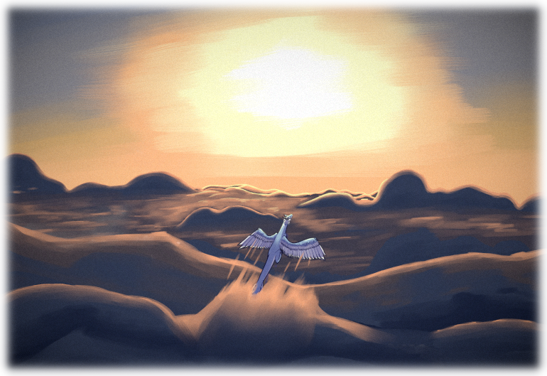 Asha soars above the clouds as the sun rises. 
