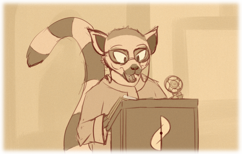An elderly Ringtail stands at the pulpit, reading from the holy book.