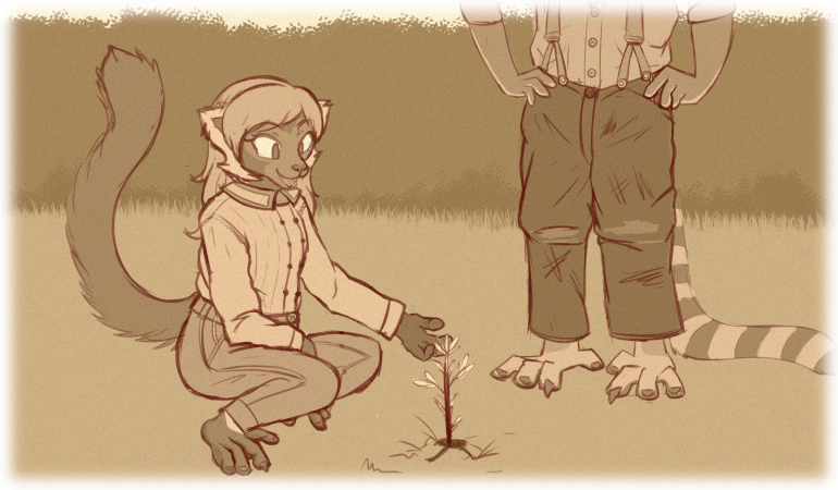 Asha crouches and inspects a tree sprout, growing only a few inches out of the ground.