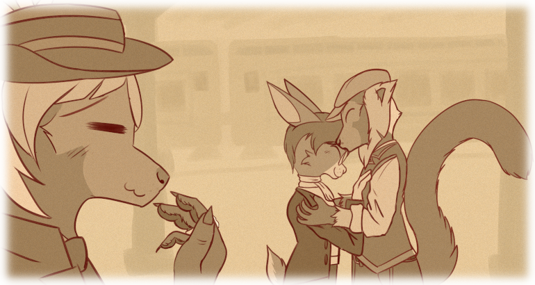 Duncan and Calypso embrace each other while Asha looks on, amused.