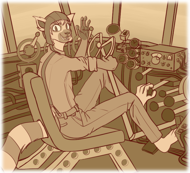 Max waves a frieldly greeting from the pilot's seat of the airship. Windows surround the dizzying array of knobs and levers, giving the cockpit an open feel.