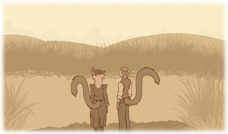 Asha and Calypso stare out over a pond, a spot that's surely a pleasing respite for amphibians and small mammals on warm autumn afternoons.