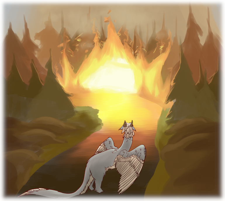 Asha stands in the river, watching as the tree beyond her burn into a towering wildfire.