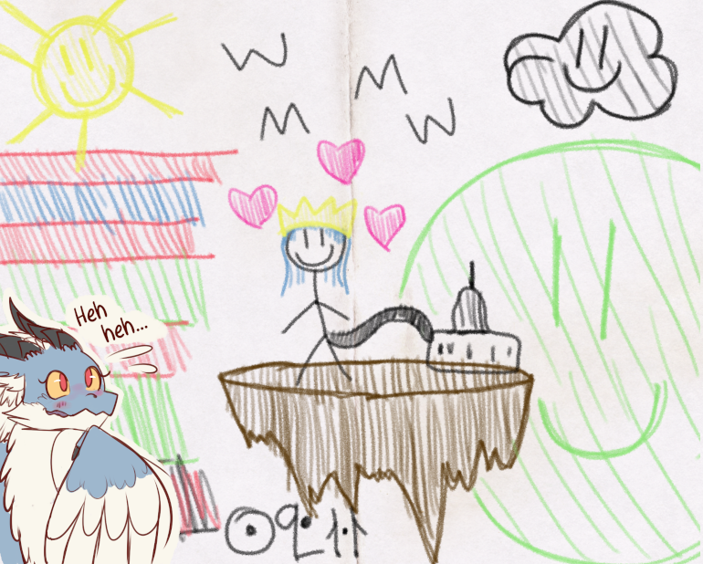 A children's colored pencil drawing depicting Asha standing on top of a floating island. In the sky to her left is a field of calm winds, colored in blue.