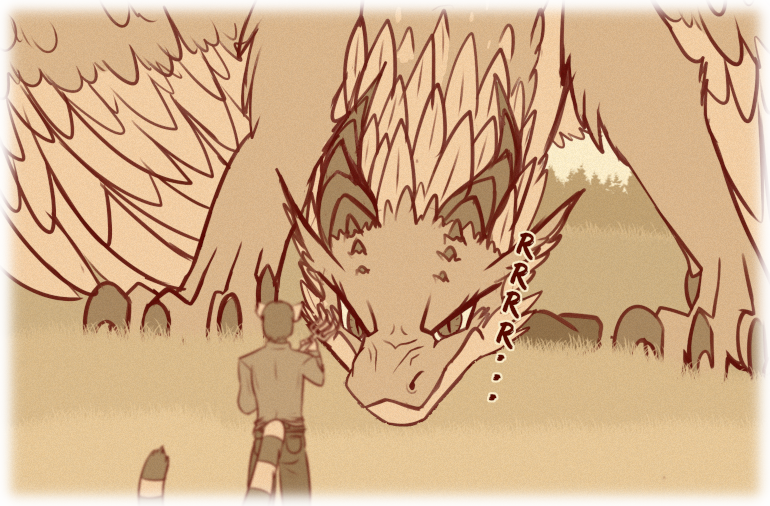 Asha growls, standing over the moose carrion. The Ringtail stands in the foreground with his pitchfork at the ready.