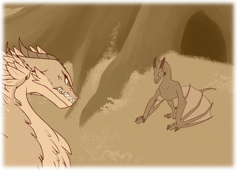 Asha stares down the Redaga with fearsome snarl, while the enemy dragons looks on unimpressed.