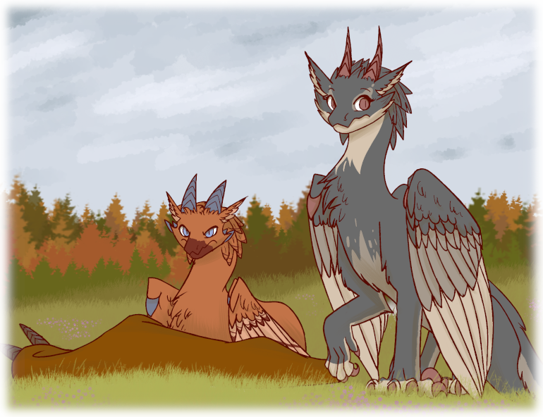 A soot plumaged Lithan watches Asha awaken with a concerned expression. Behind her, a copper colored male presides over the body of the Redaga that attacked Asha.