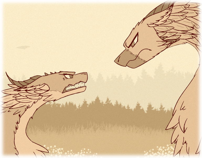 Asha and Enyll stare down each other. Enyll is markedly larger than Asha is.