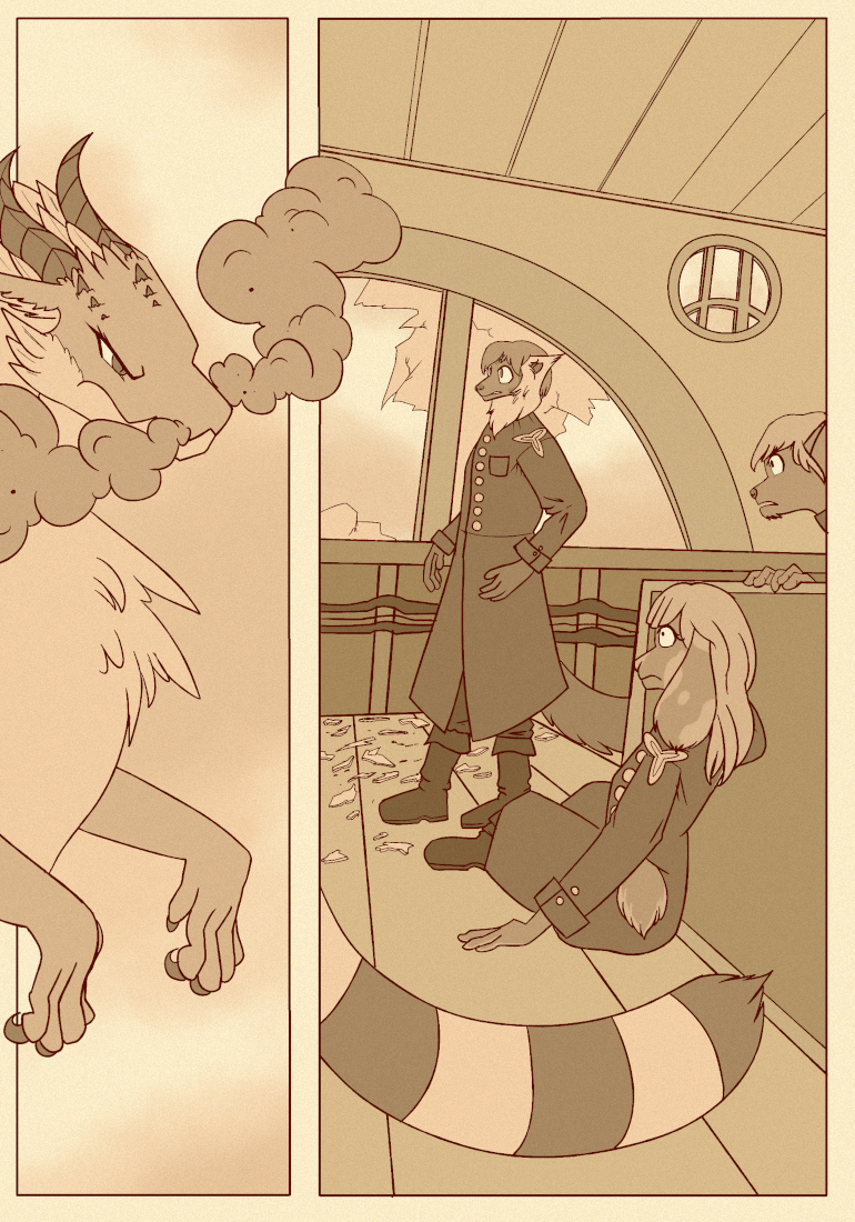 Comic page: With smoke still flowing from her nostrils, Asha stares in the cabin of the Beatrix. Glass covers the floor of the pilot's deck while the stunned airwomen watch in shock.