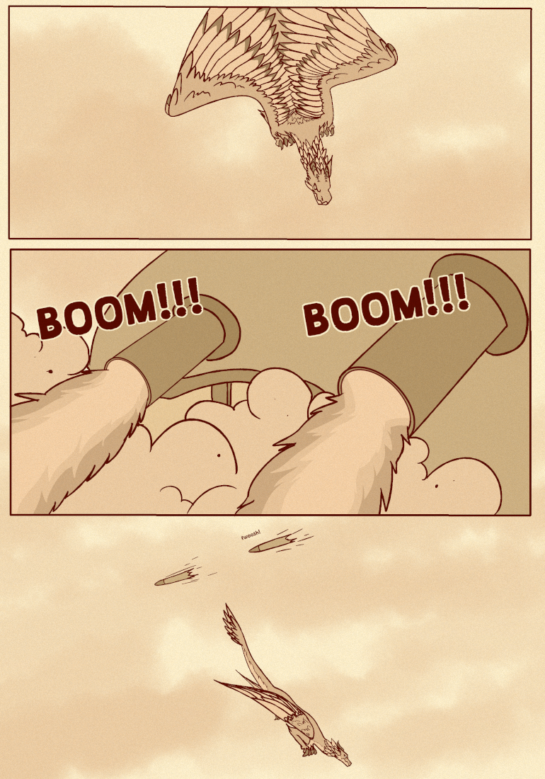 Comic page: Asha angles her wings back and falls from the sky right as before the cannons fire. The mortars from the cannons are close, but harmlessly fly above her as she falls. 