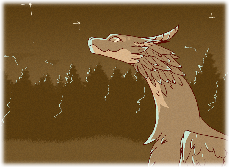 Kuro stares at the planet Maki while planetlight highlights her feathers and trees behind her.