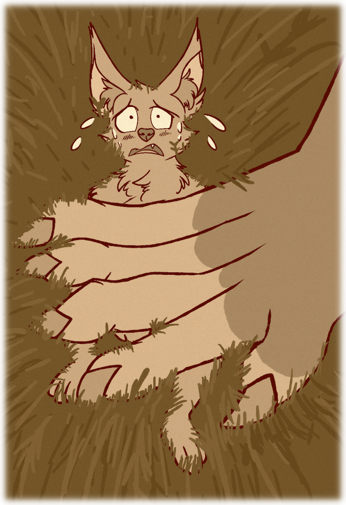A Rabbit like creature is held under Kuro's talon, staring up at Asha with wide eyes, well aware that it's life is in jeopardy.