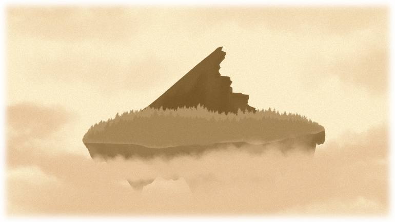A floating island rising from the clouds with a prominent peak in the middle, sloping upwards.