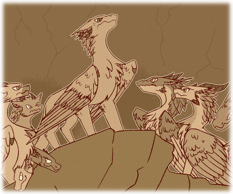 Surrounded by other Kin young and old, Relmoon looks down on Asha from a high rock ledge.