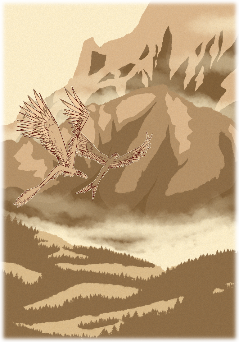 Heavily glaciated White Mountain looms large in the background as Asha and Kuro glide through the air.