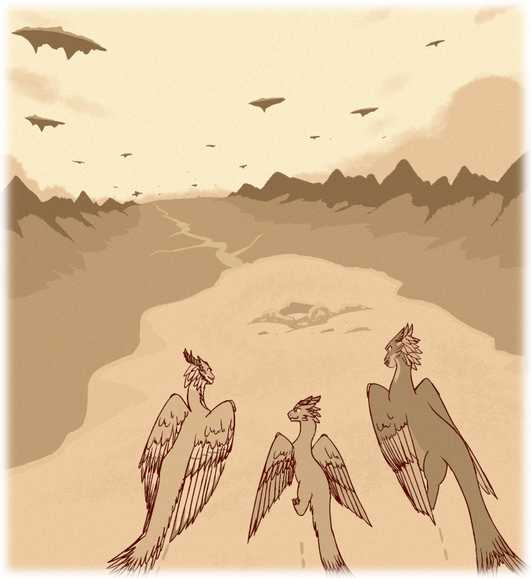 Asha, Frope, and Kuro stand near the edge of a snowy cliff overlooking the Great Valley of Felra. Floating islands fill the sky, while Flat Rock and the Grandfather Tree are just barely visible on the horizon.