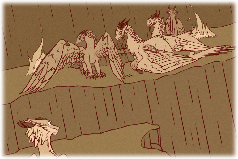 From her perch, Asha watches the elders deliberate on the gathering stone. From her perch, Asha watches the elders deliberate on the gathering stone.