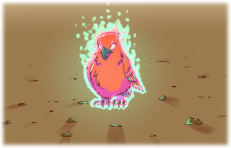 The red bird reappears! The red bird stands on the floor of Asha's Den, gazing at her with evocative eyes, surrounded in dappled, glowing light.