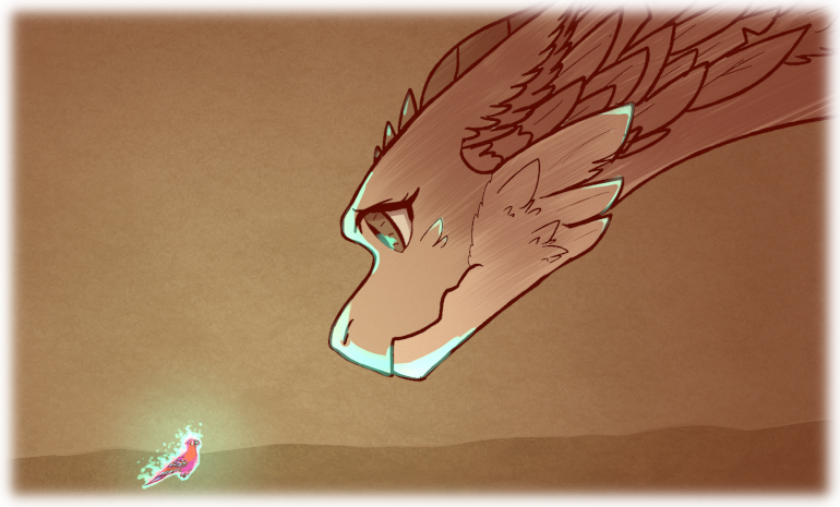 Asha and Gust converse. Asha towers over Gust as they speak to each other. Gust is glowing a ghostly pale green that reflects off Asha. width=