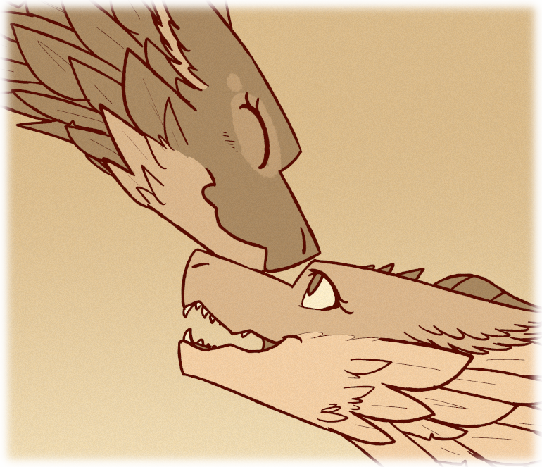 Kuro and Asha share a gentle moment. Kuro rubs her head against Asha's as they share a gentle moment together.