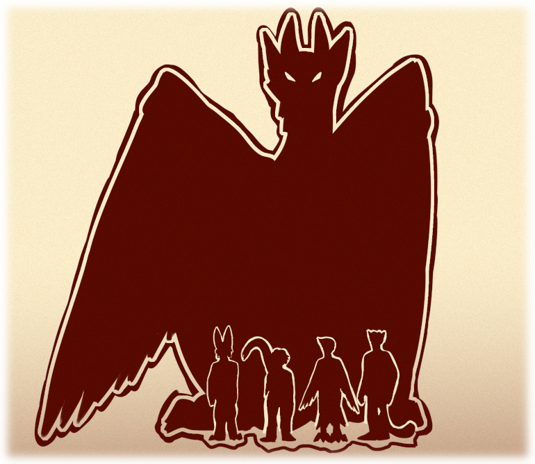 Four figures, shrouded in silhouette, stand in front of a Dragon.