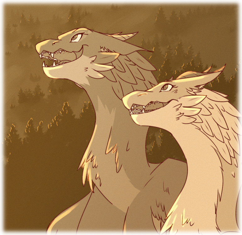 Kuro and Asha, with light lining their bodies, watch with wonder as the sun reappears