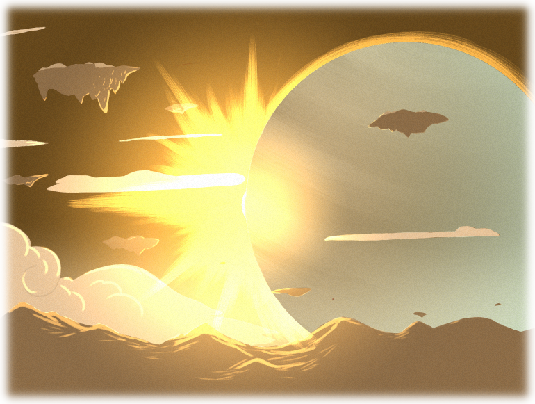 Maki finishes eclipsing the sun, showering the moon in brilliant beams of yellow light.