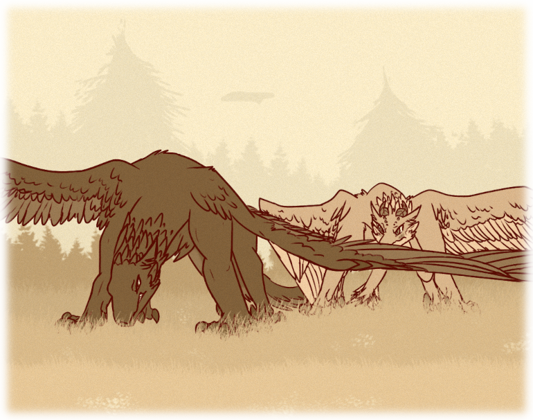 Standing in the grassy clearing, Nakino extends his wing in front of Asha to protect her. Asha looks on, blushing slightly.