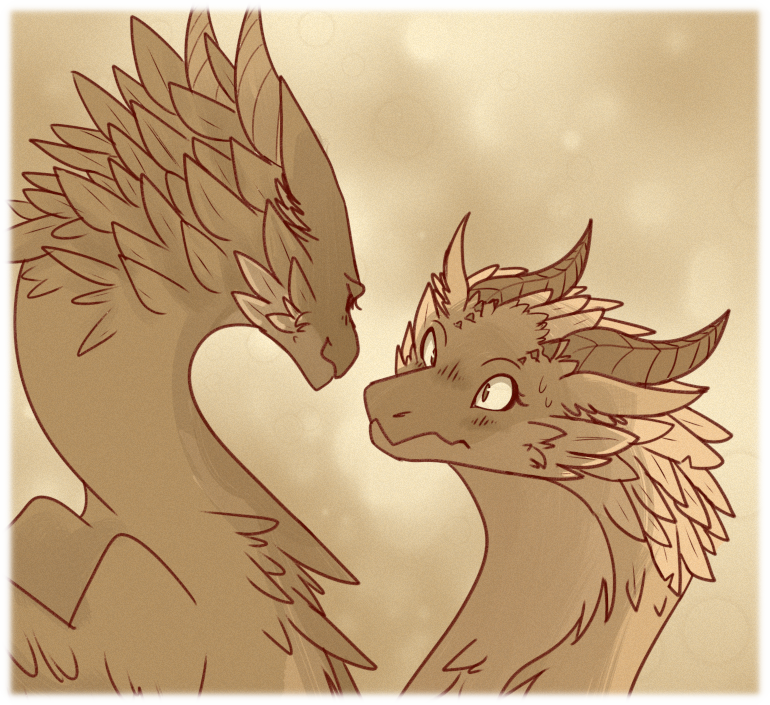 Kuro looms over Asha with a gentle smile. Asha looks on, confused and unsure of how to approach this unfamiliar situation.