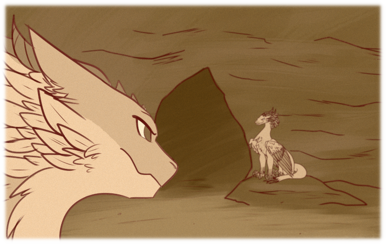 A Drakon perches on a large stone, guarding the entrance to a cavern on the back wall of the aerie.