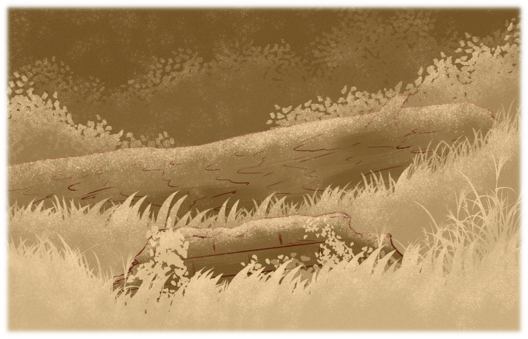 A wall of eroded stone rises from the dense vegetation in front of the felled trunk.