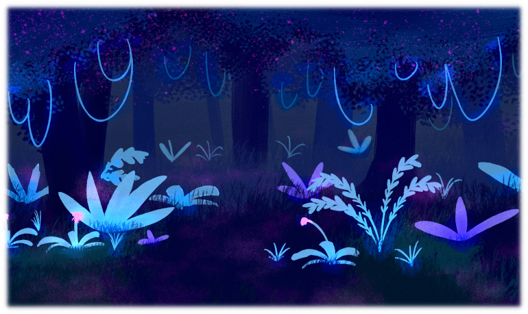 Glowing plants abound in a secret, hidden grove. Glowing plants abound in a secret, hidden grove.