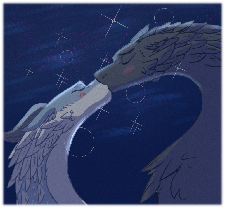 Illuminated by the dazzling glow of the grove, Nakino and Asha kiss. Illuminated by the dazzling glow of the grove, Nakino and Asha kiss.