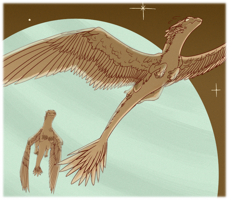 Backlit by an imposing full Maki, Asha soars through the sky. But Relmoon is close behind, and quickly closing the gap! Backlit by an imposing full Maki, Asha soars through the sky. But Relmoon is close behind, and quickly closing the gap!