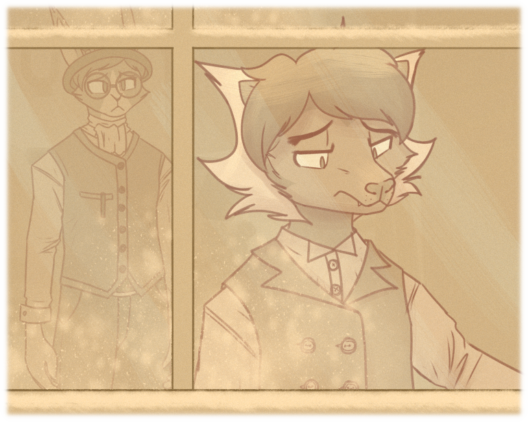 Sofl gazes out the window of his lab with a forlorn expression. Outside, the first snowfall of the season heralds the arrival of cold weather at the Lordanou Palace. Sofl gazes out the window of his lab with a forlorn expression. Outside, the first snowfall of the seasonhas slightly coated the Lordanou Palace. Meanwhile, Duncan watches Sofl from the back of the room.