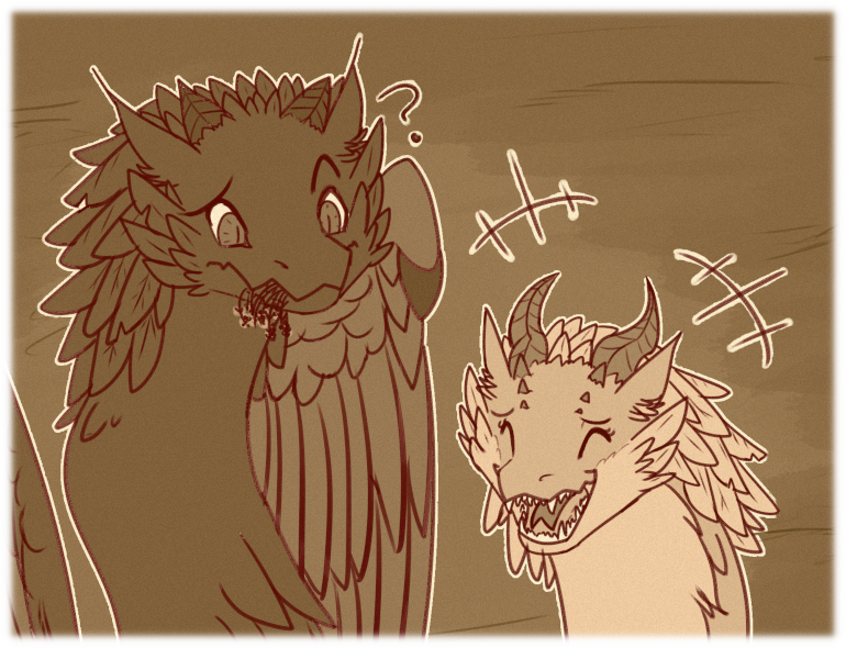 Asha has a laugh at Nakino's expense, who can't figure out what's so funny. Asha has a laugh at Nakino's expense, who can't figure out what's so funny. A smattering of plants are dangling from his muzzle.