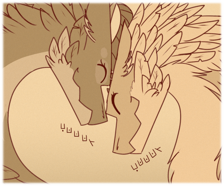 Kuro and Asha elicit soft noises as they nuzzle their heads together. Kuro and Asha elicit soft noises as they nuzzle their heads together.