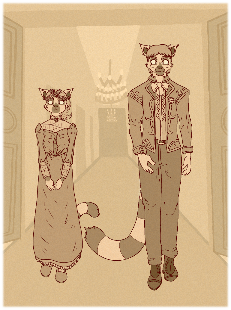 Erm, right. Sorry about that. The honorable Princess Lucy Richelieu steps into the room with her father, King Finn II. Princess Lucy, wearing a reserved satin dress, steps into the room with King Finn, who's adorned with a dappled coat with plenty of vine-like swirls embroidered into his jacket. Lucy has on a gold tiara adorned with precious jewels. She has a look of modesty about her.