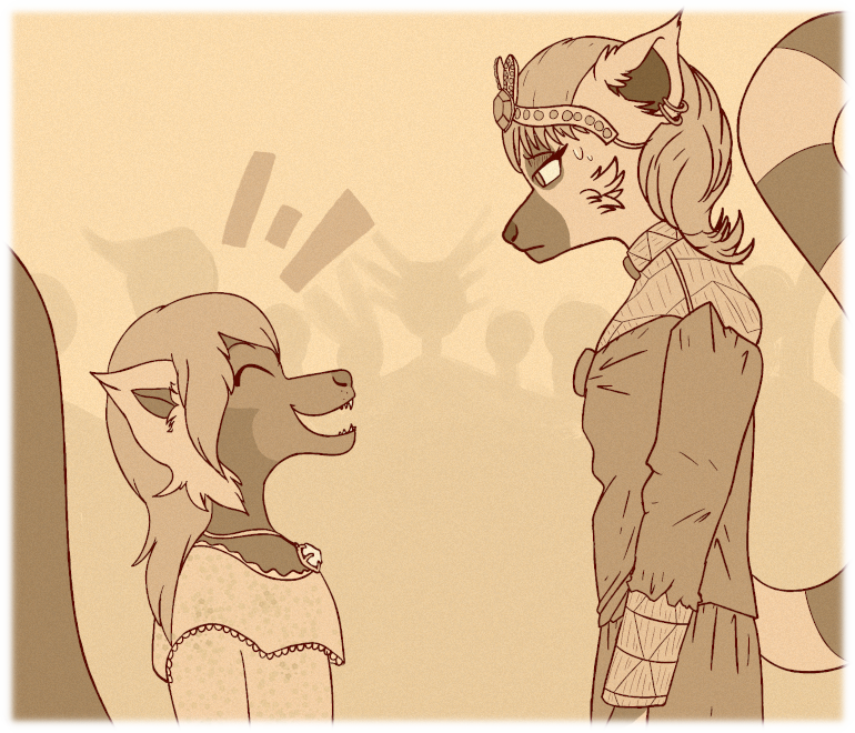 Asha stares at Lucy, aplomb to meet her. Lucy seems far less enthused. Asha stares up at Lucy, aplomb to meet her. Lucy looks far less enthused.