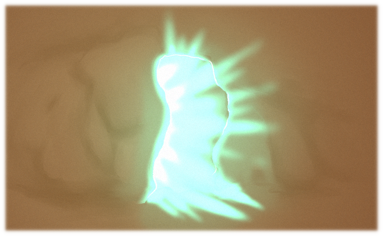 Shimmering turquoise light emanates from the Loner's room during the middle of the night.