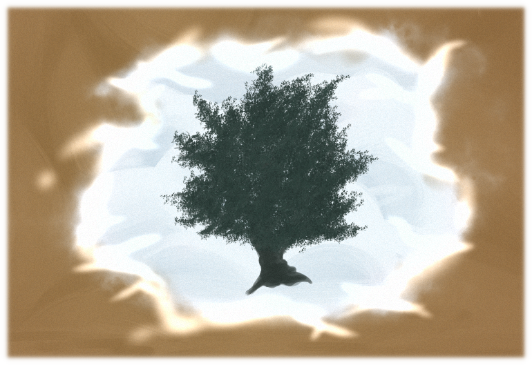 A lone poplar tree, now full of leaves, appears through the mists in the elder's den. A lone poplar tree, now full of leaves, appears through the mists in the elder's den.